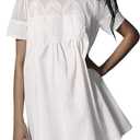 Womens Summer Lace Mini Babydoll Dress Ruffled Collar Short Sleeve Loose Mesh Swing Elegant Flared Sundress (Small, White)