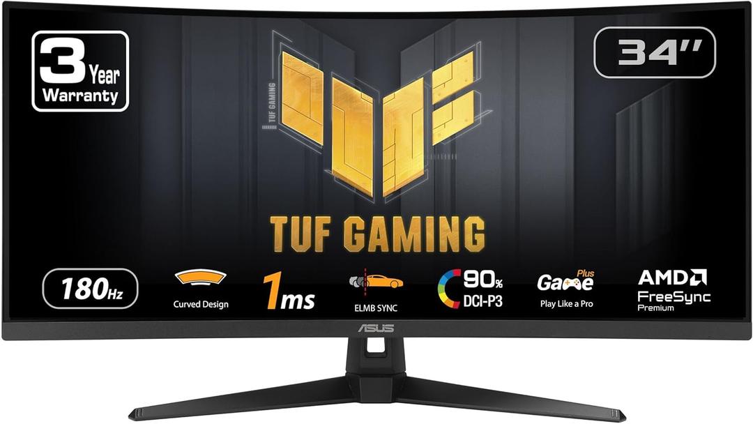 ASUS TUF Gaming 34” Ultra-Wide Curved Monitor (VG34VQ3B) – 21:9 QHD (3440x1440), 180Hz, 1ms, Extreme Low Motion Blur Sync, FreeSync Premium, Speaker, 90% DCI-P3, DisplayWidget Center 
