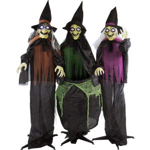 Haunted Hill Farm Life-Size Scary Talking 3 Witches with Cauldron Halloween Animatronic, Indoor or Covered Outdoor Poseable Halloween Decorations with Light up Eyes and Sound, Battery Operated