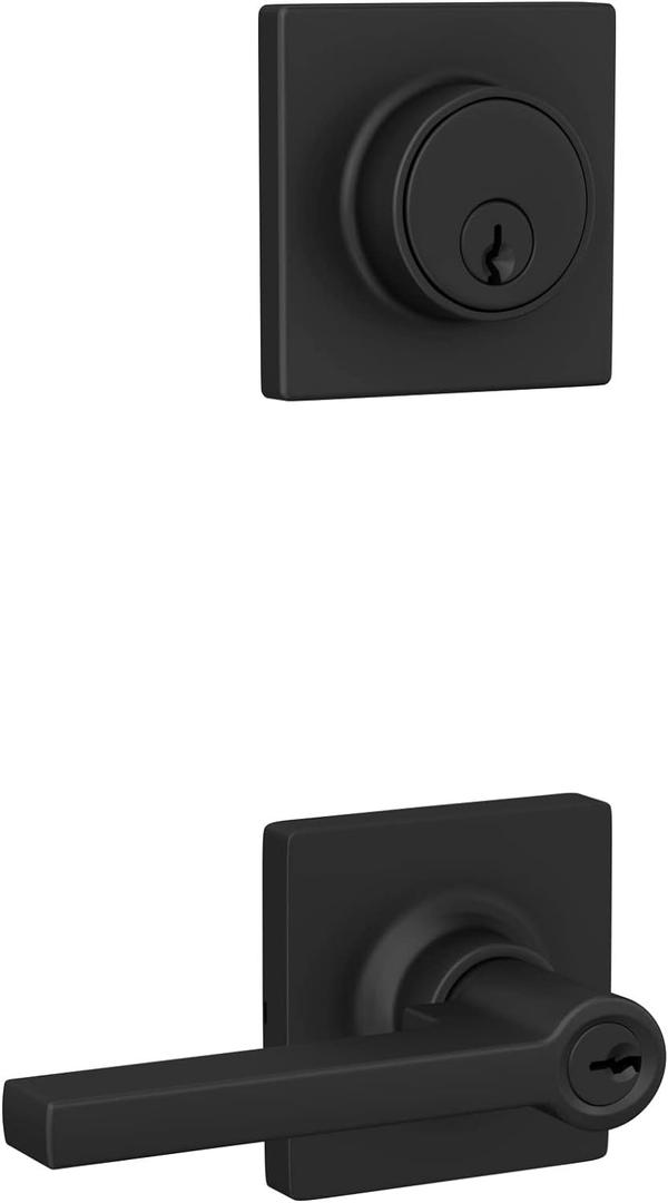 Schlage Lock Scout Straight Lever with Square Trim Keyed Entry Door Handle and Single Cylinder Deadbolt, Matte Black Finish Schlage Lock Scout Straight Lever with Square Trim Keyed Entry Door Handle and Single Cylinder Deadbolt, Matte Black Finish