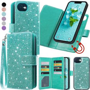 Varikke for iPhone 17e / iPhone 16e Wallet Case Detachable with RFID Blocking Card Holder for Women, Glitter PU Leather Wrist Strap Strong Magnetic Flip Wallet Removable Phone Case 6.1", Mint Green