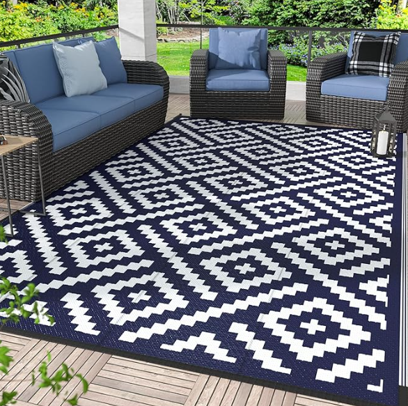 5x8 Outdoor Rug Waterproof, Reversible Mats, Area Rug, Plastic Outside Carpet, Geometric Rv Mat for Patio Camping Picnic Backyard Deck Balcony Porch Beach Trailer (Navy Blue & White)