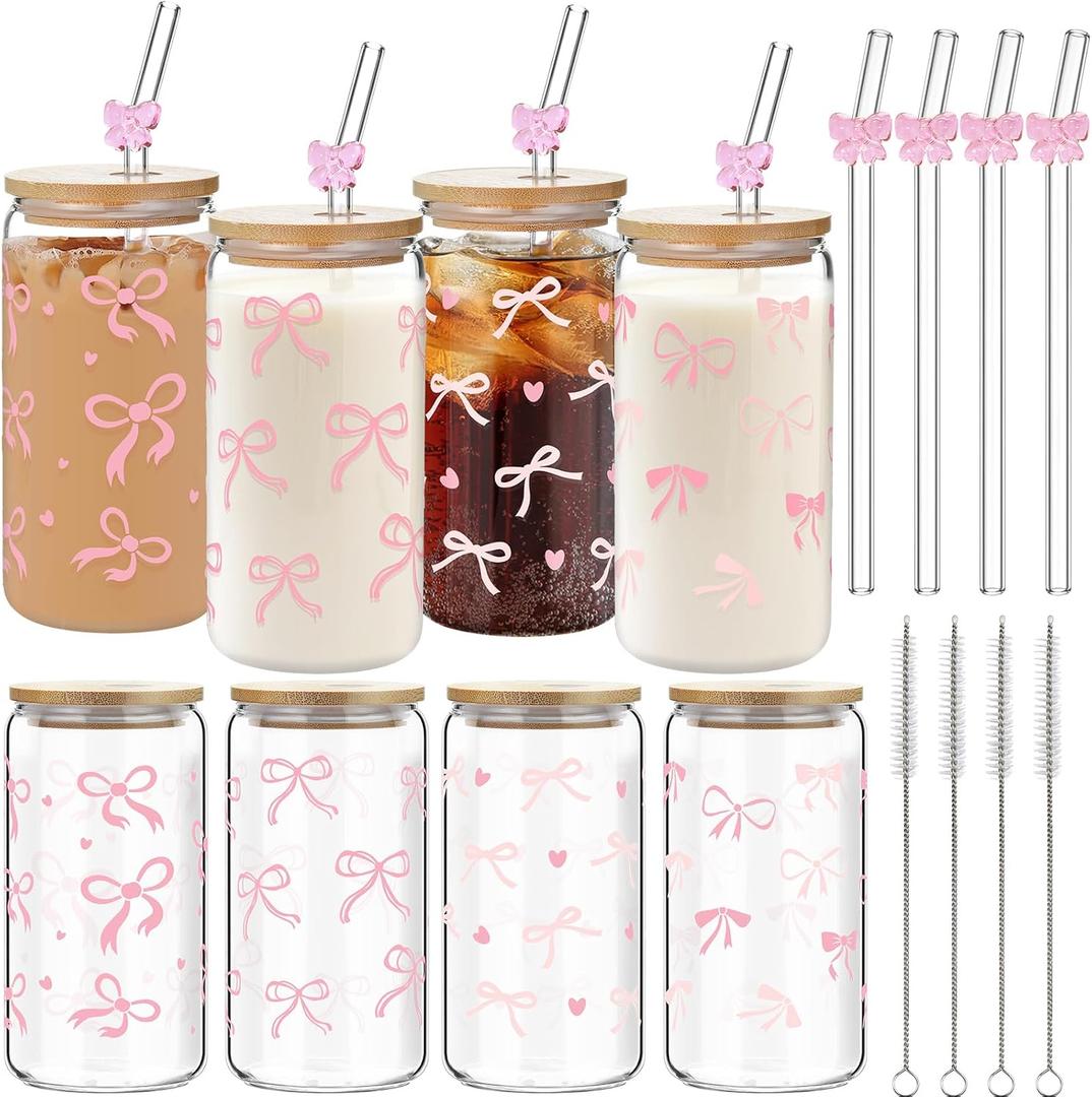 4 Set 16 oz Coquette Bows Glass Cups with Lids and Bows Straws Cleaning Brushes Aesthetic Iced Coffee Cup Reusable Mug for Women Sister Birthday Gift Not Dishwasher Safe (Pink, Bow)