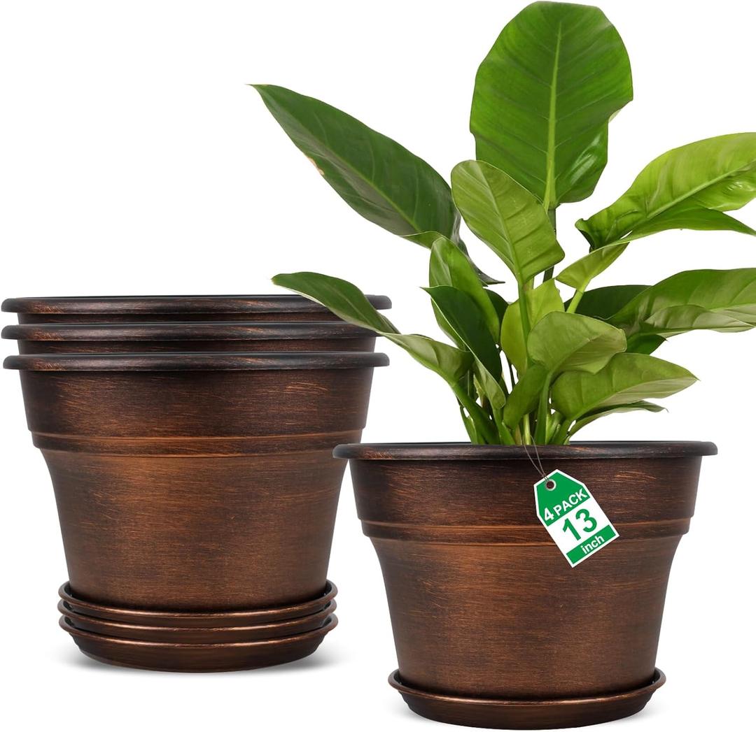 Plant Planters Pots Set of 4 Pack 13 InchLarge Plastic Flower Pot For Indoor Plants With Drainage Holes & Trays, Resin Decorative Container Sets With Saucer For House Outdoor Garden Plant Copper