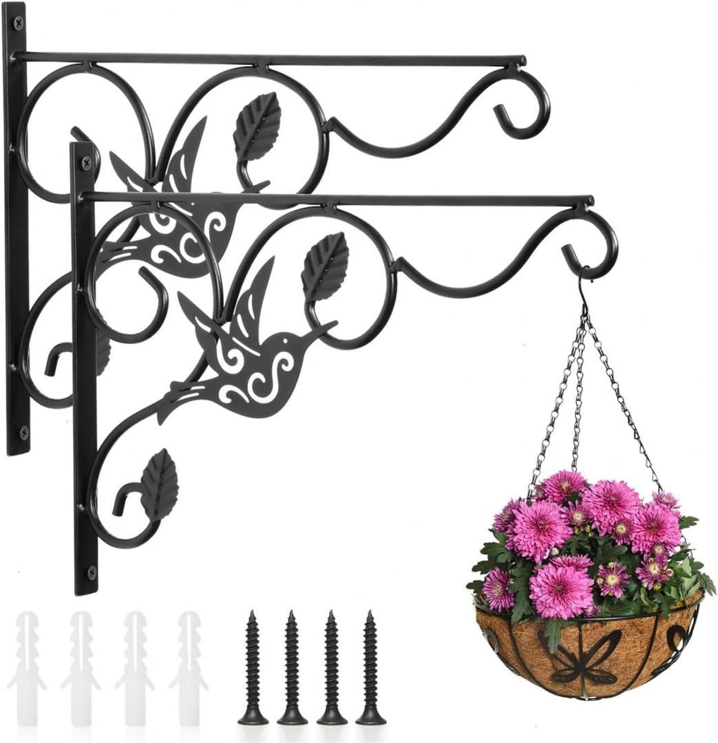 Vumdua Hanging Plants Bracket, 2 Pack 12 inch Wall Planter Hook with Iron Screws Included, Decorative Plant Hanger for Bird Feeders, Wind Chimes Indoor, Flower Pot, Lantern, Outdoor Indoor Patio Decor,  2 Pack, Black
