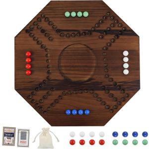 Middle East Marbles and Jokers Board Game Solid Wood Marbles and Card Game for 2-4 Players Game Board Wooden Integrated (Burnt Color)