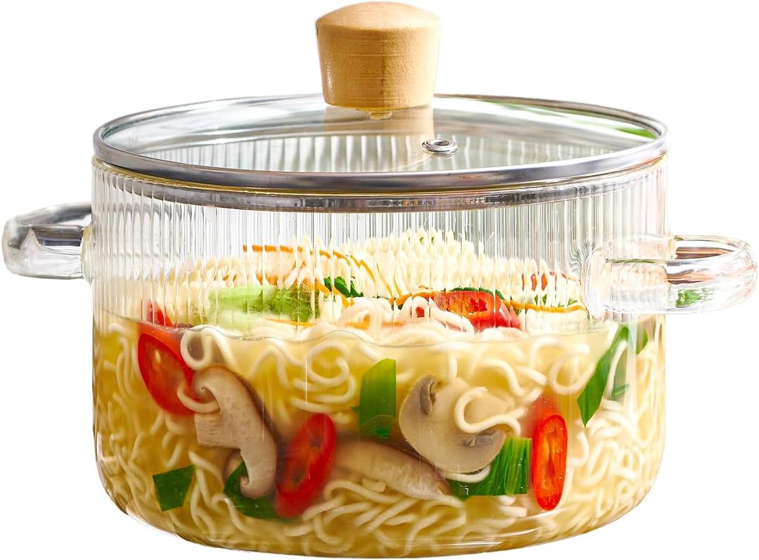 Le'raze Glass Cooking Pot with Lid - 1.6L(54oz) Heat Resistant Borosilicate Glass Cookware Stovetop Pot Set - Simmer Pot with Cover Safe for Soup, Milk, Baby Food Clear