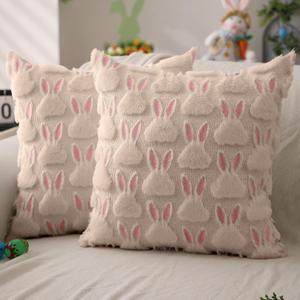 DFXSZ Easter Pillow Covers 20x20 inch Set of 2 Easter Decorations Pink Ears Beige Rabbit Soft Plush Faux Fur Jacquard Throw Pillows for Bedroom Sofa Holiday Festivals Home Decor FHJ-17C20