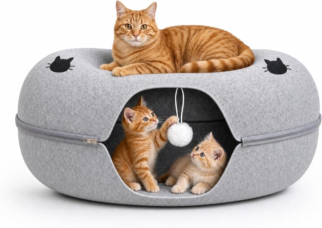 Cat Tunnel Bed - Comfort Bedz Large Donut Cave for Cats, Felt Enclosed Hideaway with Zipper, Top Perch, Interactive Toy, Washable Indoor Cat House, Light Gray