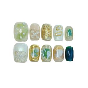 5 x Short Coffin Press on Nails Handmade False Nails with Designs, 3D Hand-painted Reusable Fake Nails Stick on Nail (Golden Green+Pearls, S)