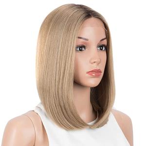 NOBLE Honey Blonde Lace Front Bob Wigs for Women T Part HD Lace Front Wigs with Brown Roots Synthetic Long Bob Wigs for Party and Daily Use (Ombre Brown Blonde with Dark Root Color) (12.5 Inch)