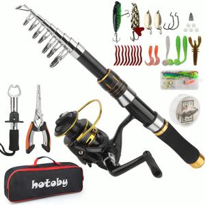 Fishing Pole Combo Set, 6.89ft Fishing Rod and Reel Combo, Carbon Fiber Telescopic Fishing Rod Kit with Spinning Reel, Fishing Pliers, Lip Gripper, Line, Lures for Beginner Angler (1PACK, Black&Gold)