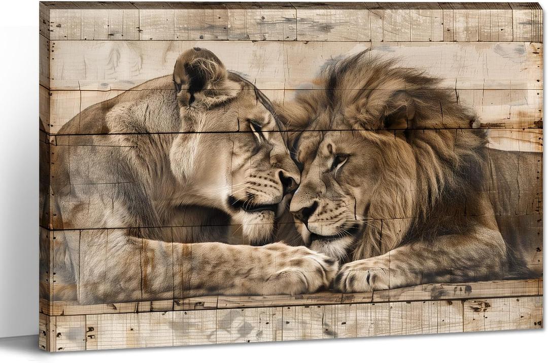 Lion Lioness Canvsa Wall Art Vintage Lion Picture Wall Decor Framed Wood Background Poster Animal Couple Painting Prints Living Room Bedroom Ready to Hang(16.00"x24.00")