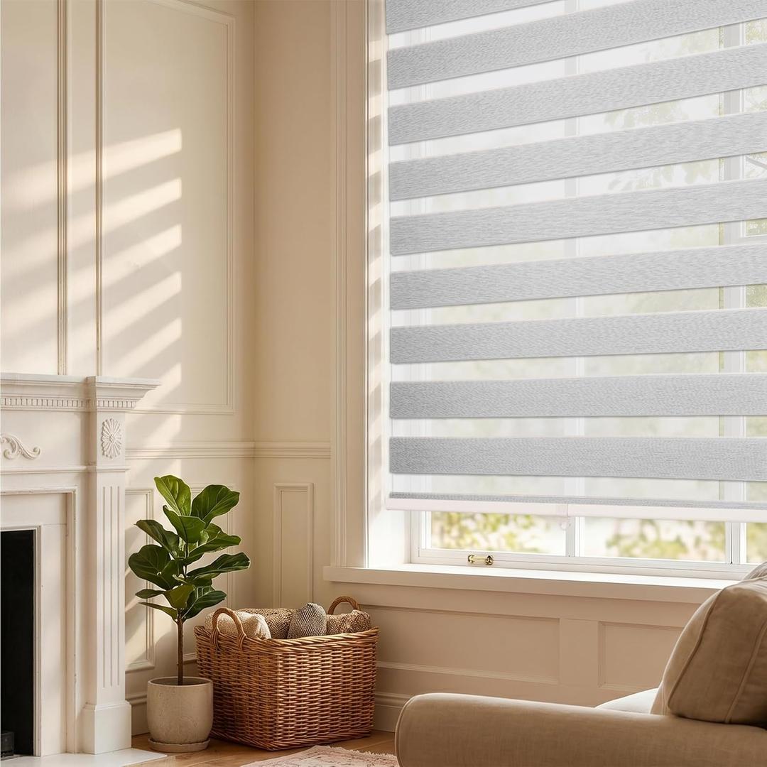 HESTIA Cordless Light Filtering Zebra Shades for Windows, Day Night Dual-Layer Linen-Look Woven Fabric Roller Shades, Privacy Light Control for Living Room/Home Office, Off White, 27" W x 77" H