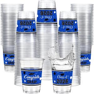 Funnymoom 100 Pcs 16oz 2026 Graduation Cups Disposable Graduation Plastic Cups Class of 2026 Celebration Grad Party Favors(Blue, Black)