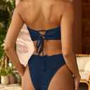 ZAFUL Women Strapless Textured Bandeau Bikini 2 Piece Swimwear Cheeky Solid Lace up Bathing Suits (Blue, L)