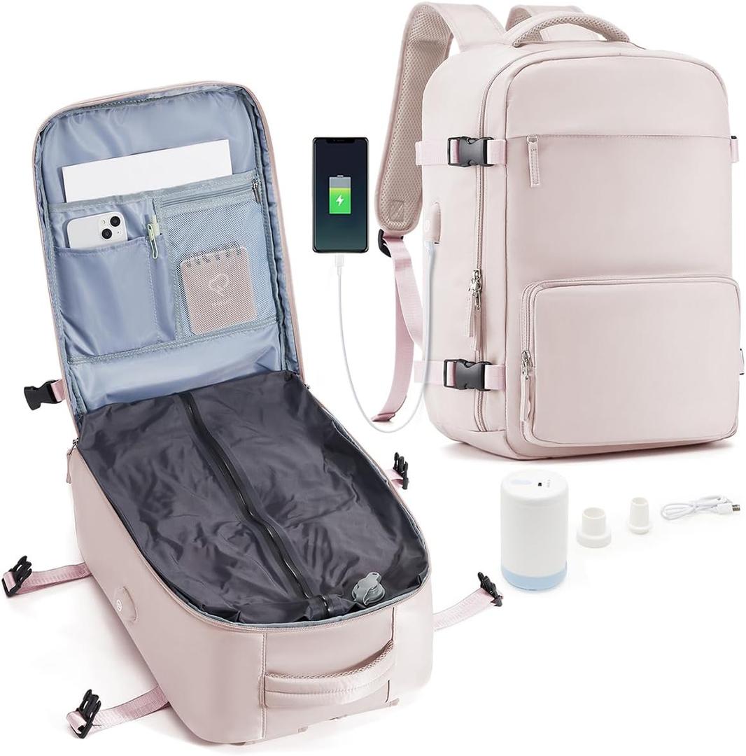 suradar Vacuum Travel Backpack with Pump Vacuum Compression Seal Vacpack Air Backack Laptop Backpack for Women Men Carry on Backpack Personal Item Travel Bag Luggage Flight Approved Pink