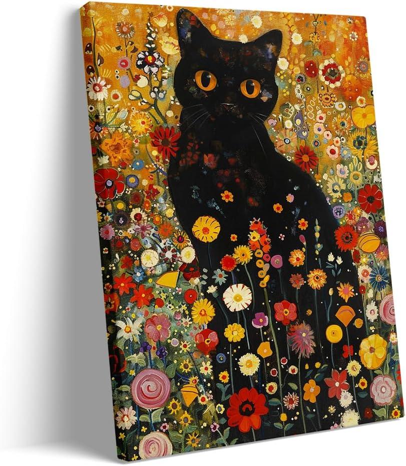 Flower Black cat wall art printing Black Cat in a room decorated with fresh flowers Cat Color plant flower Painting Living Room Bedroom Bathroom Home decoration (12x15in Framed, art)