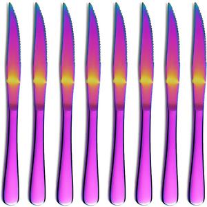 Rainbow Steak Knife Set, Kyrtaon Colorful Serrated Knife, Titanium Mutil-color Plating Stainless Steel Sharp Knives Set, Dinner Knifes Set of 8, Dishwasher Safe Sturdy And Easy To Clean