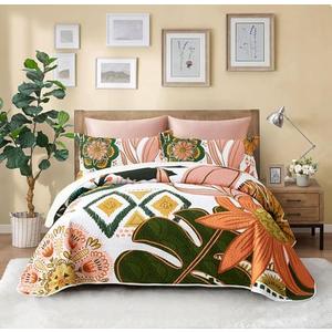 Tyrot 3 Piece Boho Floral Full/Queen Quilt Sets Farmhouse Botanical Reversible Lightweight Bedspread Coverlet with 2 Shams Mid Century Leaves Microfiber Bedding Quilts Set for All Season, 90''x96''