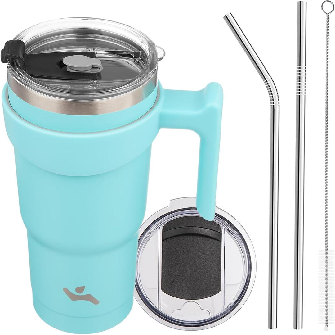 20 oz Tumbler with Handle and 2 Straw 2 Lid, Insulated Water Bottle Stainless Steel Vacuum Cup Reusable Travel Mug,Turquoise