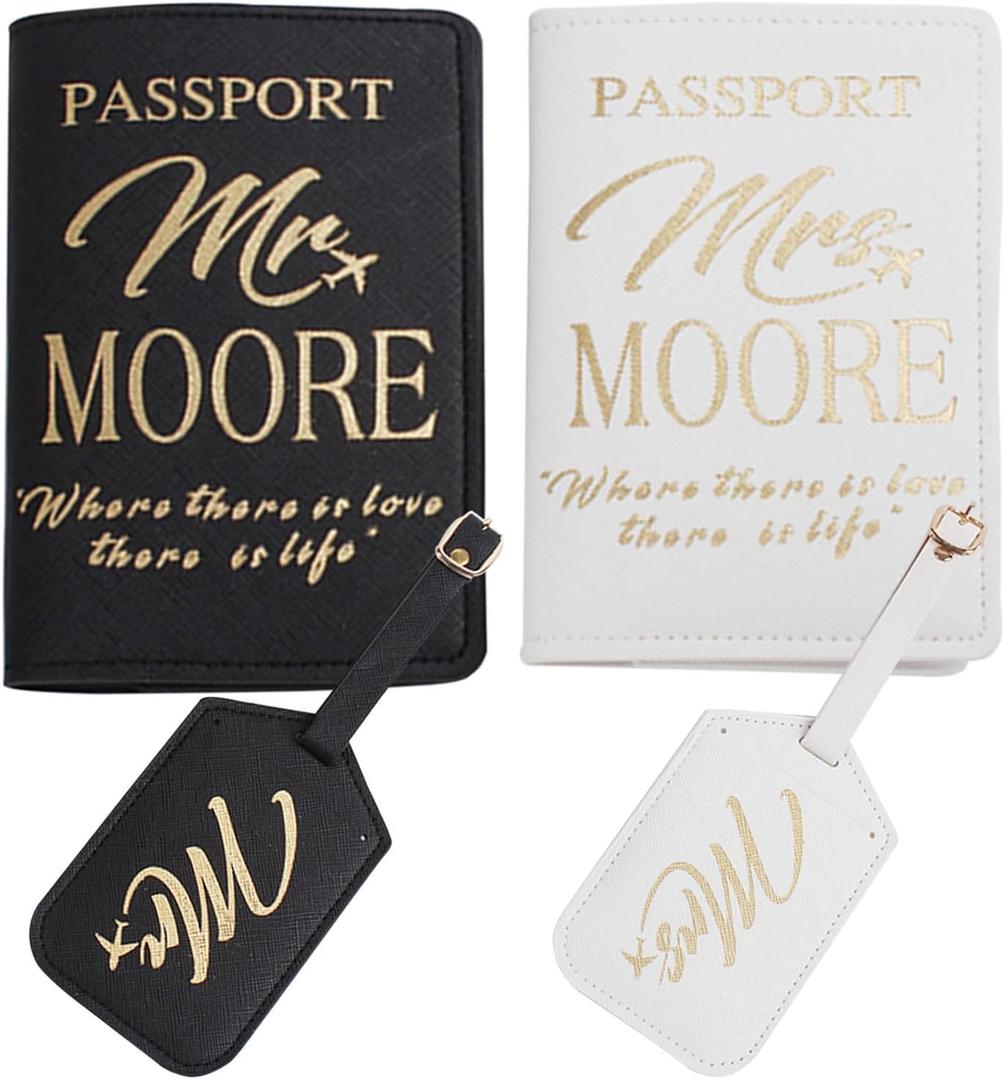 Syiomlis Mr and Mrs Luggage Tags Couples Passport Holder Set,Bridal Shower Gifts, Honeymoon Engagement Gift, Anniversary, Newlywed, Bride Groom, his and her Passport Holder (Golden-3)