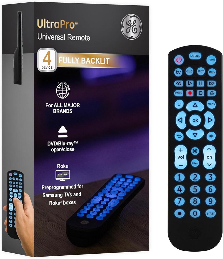 GE Backlit Universal Remote Control for Samsung, Vizio, LG, Sony, Sharp, Roku, Apple TV, RCA, Panasonic, Smart TV, Streaming Players, Blu-Ray, DVD, 4-Device, Black, 40081 Black, Backlit