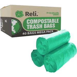 Reli. Compostable 33 Gallon Trash Bags | 40 Count | ASTM D6400 | Green | Eco-Friendly | For Compost