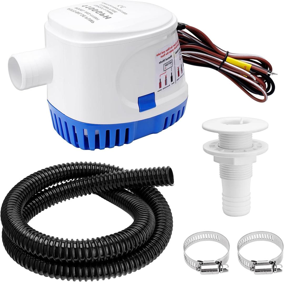 1100GPH 12V Automatic Boat Bilge Pumping Kit, 1-1/8 Inch Electric Bilge Water Pump, 6FT Hose, 2 Stainless Steel Hose Clamps and Thru-Hull Fitting, for Fishing Boats, Runabouts, Yachts, Cruisers
