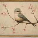 AtterrirArt Framed Vintage Bird Wall Art, 12x16 Inch, Minimalist Animal Wall Decor, Rustic Farmhouse Canvas Prints Poster, Cherry Blossom Beige Wall Art For Bedroom, Living Room, Ready to Hang