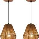 Woven Rattan Pendant Light Fixture, 7'' Mini Boho Pendant Lights Kitchen Island 2 Pack Farmhouse Natural Hanging Pendant Lighting with Handwoven Basket Shade for Bedroom Foyer Bar Hallway (Wood Canopy+Brown)