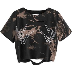 Avanova Women Skull Finger Graphic Distressed Tee Shirt Ripped Short Sleeve Crop Tops (3X-Large, Tie Dye Brown)