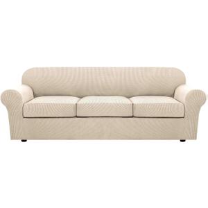 4 Piece Stretch Sofa Covers for 3 Cushion Couch Covers Furniture Slipcovers for Living Room (1 Base Cover Plus 3 Seat Cushion Covers) Thicker Jacquard Fabric Cover (XL Sofa, Natural)