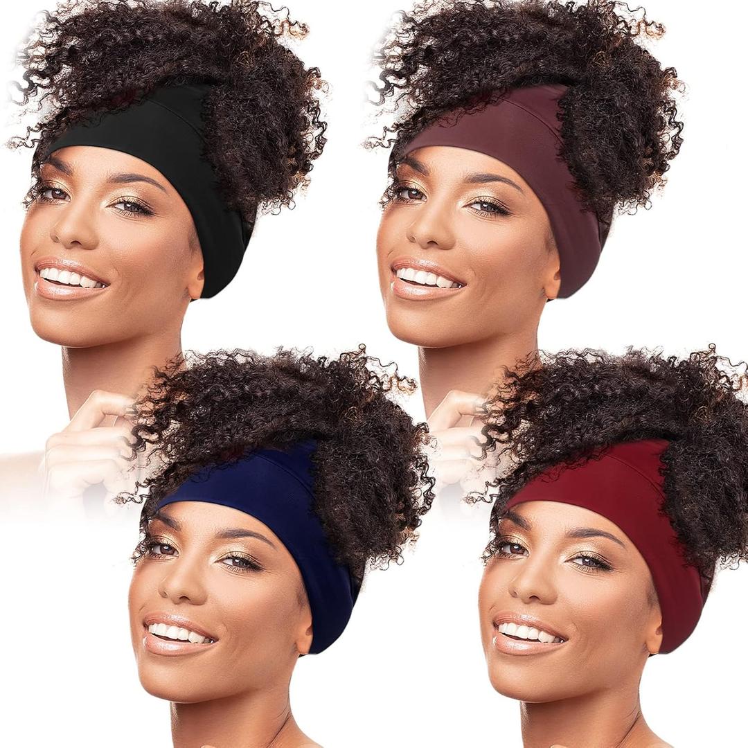 Haysandy 4 Pieces Nylon Head Wraps Satin Hair Cover Pineapple Sleep Cap Loc Dreadlock Cap Headbands for Women Men Curly Hair(Black, Coffee, Wine Red, Navy Blue) (One Size)