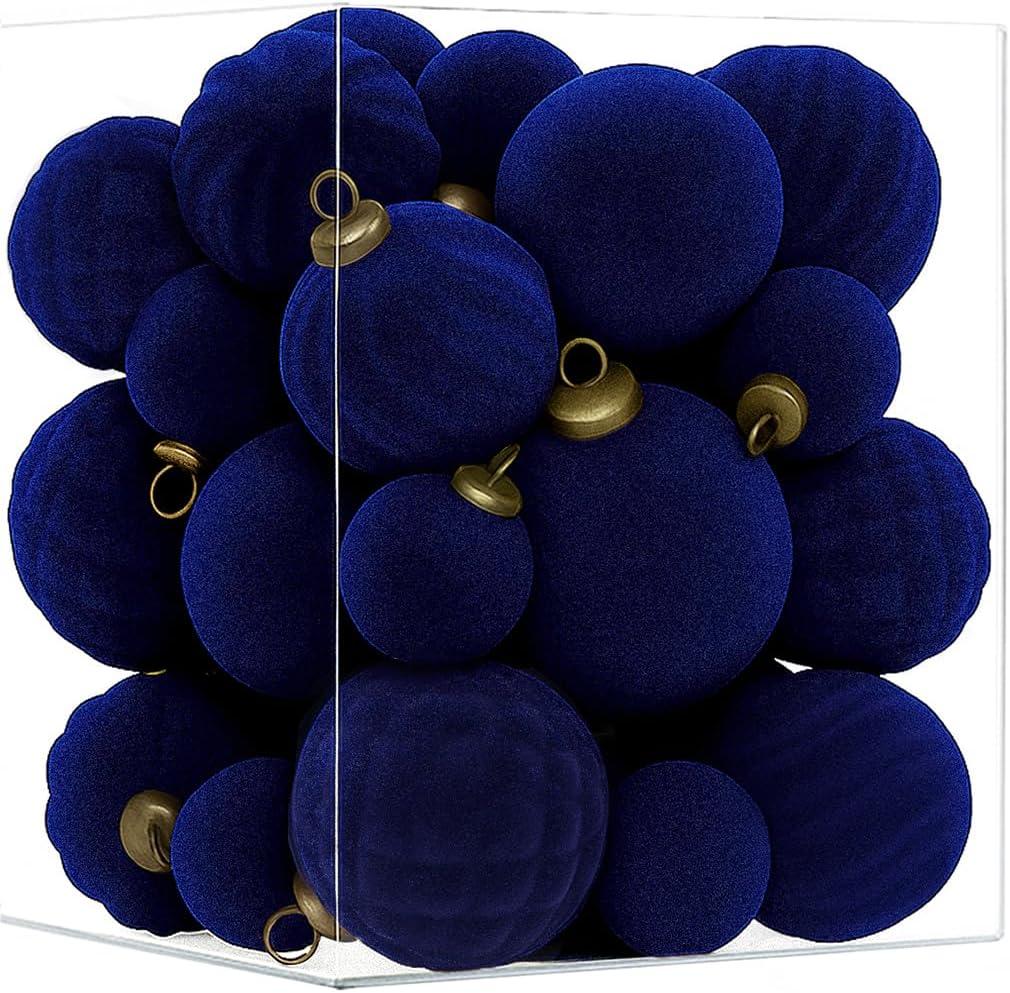 XmasExp 36PCS Velvet Christmas Ornaments Set Mixed Flocked Balls Ornaments Shatterproof Christmas Tree Decorations for Holiday,Party,HomeNavy Blue