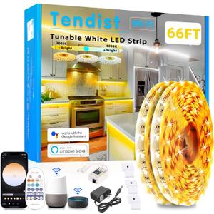 White LED Strip Lights 3000K-6500K 66ft Dimmable, Smart Strip Light Alexa Compatible, 24V WiFi Flexible Tape LED with APP & RF Remote, Cabinet Lighting Self-Adhesive for Room, Kitchen