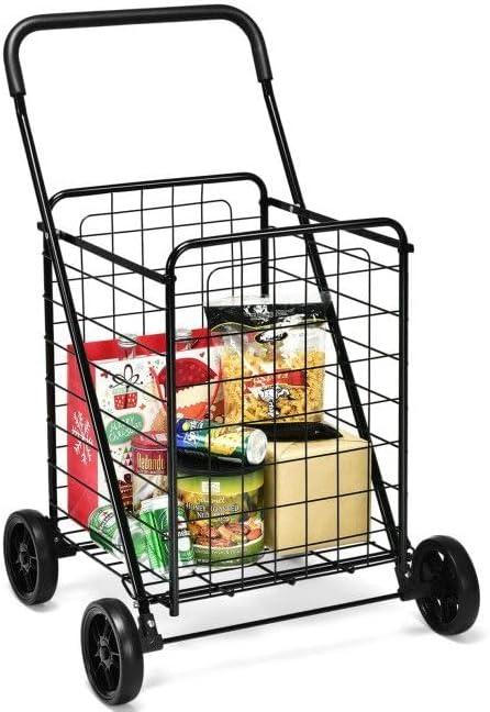 Portable Folding Shopping Cart - Heavy Duty Rolling Utility Cart for Groceries, Laundry, Storage | Compact Foldable Design with Wheels & Basket,Black