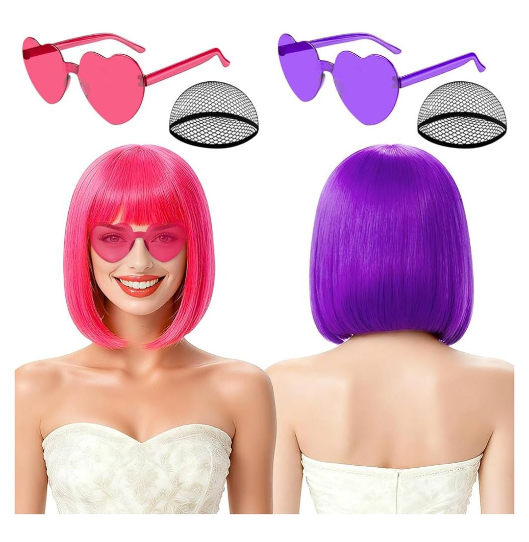 2 Pack Colored Bob Wigs and Heart Sunglasses Set, Purple Hot Pink Short Straight Bob Wig with Bangs Neon Party Colorful Synthetic Hair for Women Men Halloween Costume Bachelorette Party Favors