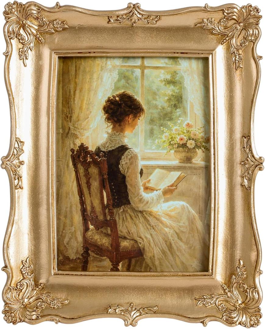 Vintage Picture Frame Gold, Antique Picture Frame with Glass Front, Resin Photo Frames for Tabletop Display & Wall Mounting, for Home Office Bedroom Living Room, Rectangle, Gold, 5x7 Inch