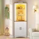 HOOBRO Corner Cabinet with LED Lights, 67" Tall Farmhouse Corner Storage Cabinet with Doors and Storage Shelves, 5-Tier Corner Bathroom Cabinet, for Living Room, Kitchen, White and Walnut WH74DCJ01, 15.3"L x 15.3"W x 67.3"H