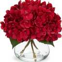 Hollyone Hydrangea Artificial Flowers in Vase Red Silk Fall Fake Flowers Arrangements with Glass Vase with Faux Water Faux Floral Bulk Bouquet for Office Table Centerpiece Shelf Home Decorations (Hydrangea, Red)