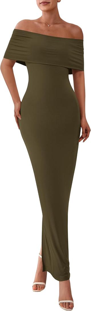 PRETTYGARDEN Women's Off The Shoulder Maxi Dresses 2025 Summer Formal Elegant Cocktail Party Wedding Guest Long Dress (Medium, Army Green)