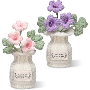 Dingion 2 Pcs Teachers Appreciation Gifts Positive Handmade Crochet Flower Thank You for Helping Me Grow Teacher Crochet for Women Teacher s Day End of Year Appreciation Gift(Creeping Oxalis)