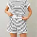 MISSACTIVER 2 Piece Lounge Set Women Stripe Knit Short Sleeve Tee Shirts Shorts Casual Summer Loungewear Shorts Sets (White, M)