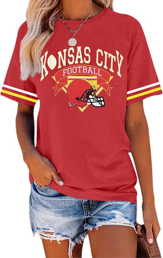 Football Shirts for Women Game Day Tshirt Football Team Fans Gift Tees Sport Season Short Sleeve Tops (Medium, Red)