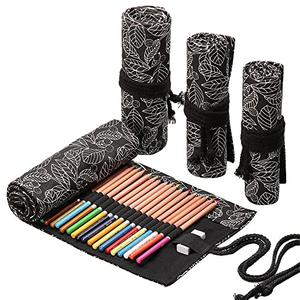 DIYOMR 24/36/72 Slots Pencil Wrap Pencil Rolls, Artist Colored Pencils Roll Up Bag Short Brushes Pouch Case Pencils Organizer for Drawing Coloring and Sketching (Black Leaves, 72slots)
