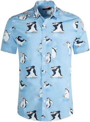 Mens Aloha Hawaiian Shirt Flamingos Penguin Printed Tropical Novelty Casual Short Sleeve Beach Wear, Large , Blue 