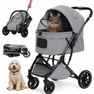 MUTTROS Pet Stroller for Dogs & Cats, 66lbs, Gray | One-click fold; 66lbs capacity; All-terrain wheels; Shock-absorbing wheels; Reversible handle; Washable pad