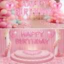 Pink Happy Birthday Balloons Decorations Happy Birthday Letter Balloons Banner Set with 24pcs Round Flameless LED Candles and 2000pcs Artificial Rose Petals for Women Men Room Party Decor