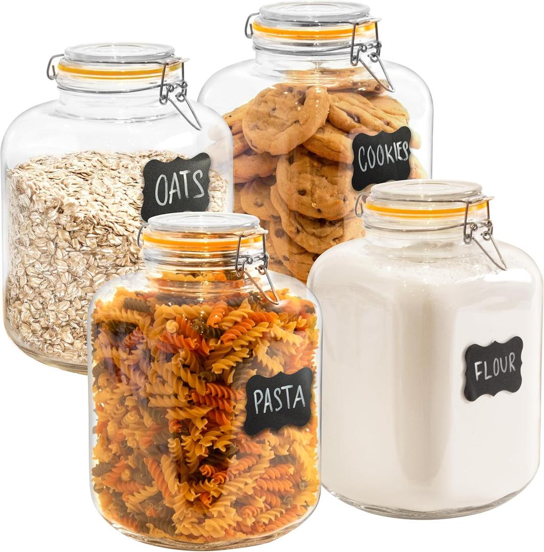 Galashield Gallon Glass Jars with Airtight Lid Large Glass Flour Sugar Storage Containers Canisters Leak-proof Lid Labels and Marker (4 Pack)